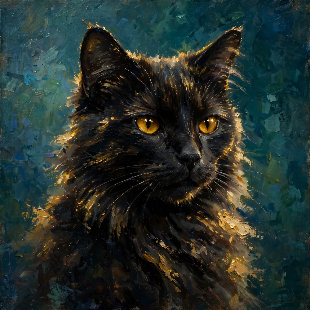 Oil portrait of a black cat with amber eyes